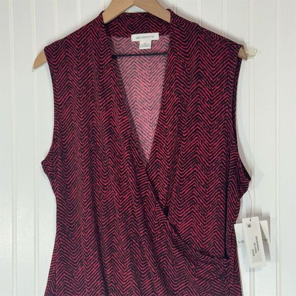 Liz Claiborne XL Sleeveless Faux Wrap Blouse Red Herringbone Geo Top NWT - Picture 2 of 8